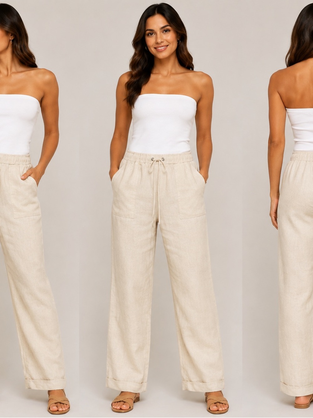 Elastic-Waist Straight-Leg Pants in Cream